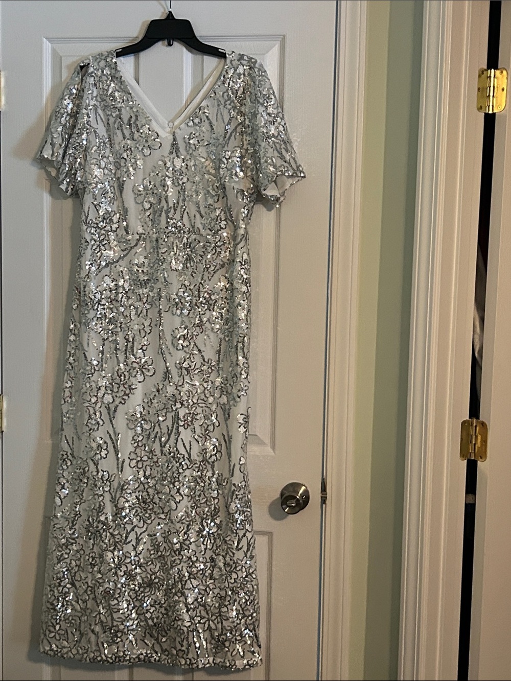 glam Silver Sequin Floral Maxi Dress